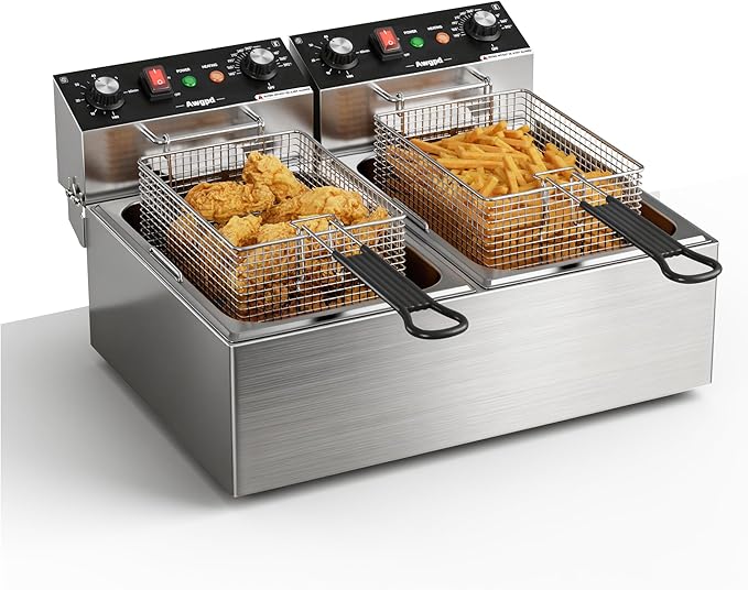 Commercial Deep Fryer, Dual Tank 3400W Electric Countertop Fryer with Basket, 2 x 10L/10.6QT Double Stainless Steel Oil Fryer with Drain, Time & Temp Control, for Kitchen Restaurant Use