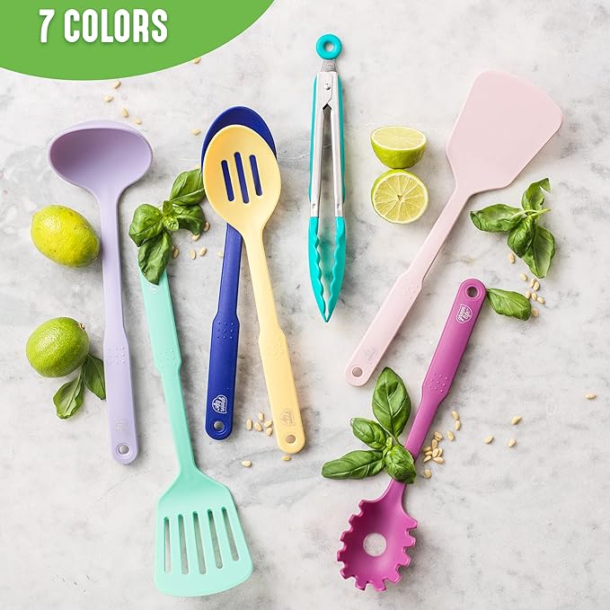 GreenLife Cooking Tools and Utensils, 7 Piece Nylon Set including Spatulas Turner Spoons and Tongs, Dishwasher Safe, Caribbean Blue