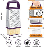 Urbanstrive Cheese Grater With Container, Professional Cheese Grater with Handle, Stainless Steel Graters for Kitchen Handheld, Box Grater with 4 Sides for Vegetables, Ginger, Potatoes (Purple)