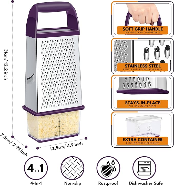 Urbanstrive Cheese Grater With Container, Professional Cheese Grater with Handle, Stainless Steel Graters for Kitchen Handheld, Box Grater with 4 Sides for Vegetables, Ginger, Potatoes (Purple)