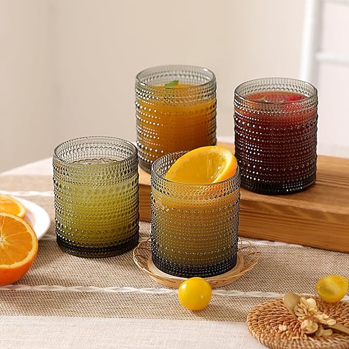 Moretoes Cocktail Glasses 10 oz Hobnail Drinking Glasses Set of 6, Vintage Glassware, Textured Glass Cups Bubble Glasses Water Glasses Old Fashion Jupiter Glasses Set (Gray)