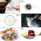 NUOMI Set of 3 Fine Mesh Strainer Spoon Stainless Steel Sieve Colander Sets Multifunctional Food Strainer with Long Handle for Sifting Flour, Tea, Frying Oil, Coffee Powder, Juice, Dia. 8/14/20 CM