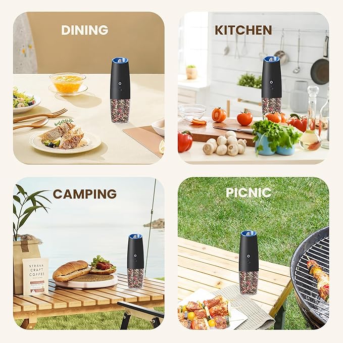 Rechargeable Electric Salt And Pepper Grinder Set, Automatic Gravity Electric Salt And Pepper Grinder Set, Adjustable Roughness, Led Light, 1 Pack, (Black)
