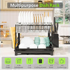 2-Tier Foldable Dish Drying Rack with Drainboard, Stainless Steel Large Capacity Kitchen Counter Organizer with Cup Holder, Utensil & Cutting Board Storage, No Assembly Required, Black