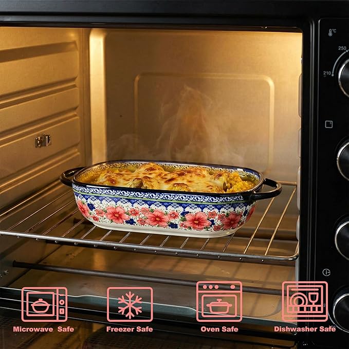 Ceramic Casserole Dishes for Oven, Hand-painted Polish Pottery Baking Dish Set of 2, 0.8QT / 2QT Porcelain Casserole Dishes with Handles, Baking Pan Lasagna Pan, Gift for Family/Friend (Red)
