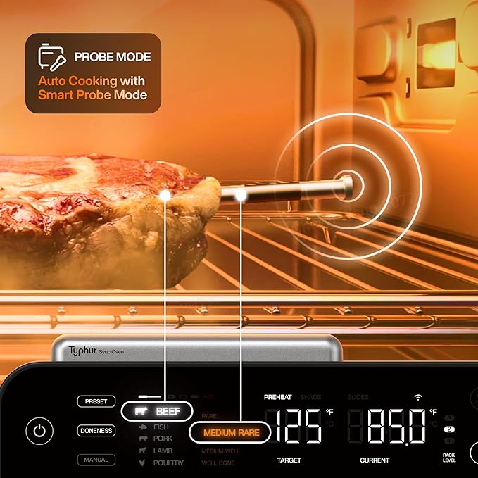 Typhur Sync Oven with Smart Wireless Meat Thermometer Probe, 12‑in‑1 Countertop Air Fryer Toaster Oven Combo, 360° Turbo Convection, Dehydrator, Recipes & 5 Accessories, Large 27QT, Stainless Steel