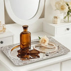 Silver Serving Trays, 6 Pcs Stainless Steel Serving Platters with Retro Engraved Design, 13.7 x 8.5 Inch for Serving Food, Appetizers, or as Decorative Accent at Home
