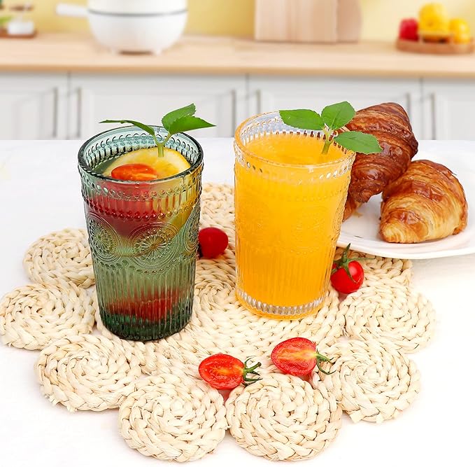 Loivttvv 6pcs Vintage Drinking Glasses Set, 12 oz Atroviens Highball Glasses, Embossed Ribbed Glassware Cups for Cocktail, Water, Juice, Coffee, Whiskey
