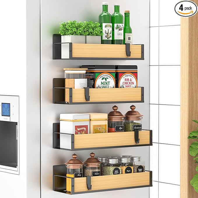 HuggieGems 4 Pack Magnetic Spice Storage Rack Organizer for Refrigerator and Oven, Wood Fridge Organizers and Storage