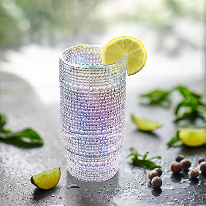 Joeyan Iridescent Drinking Glasses,Vintage Embossed Stacking Water Tumblers Romantic,Clear Hobnail Rainbow Glassware Set,Beaded Highball for Juice Beverages Coffee Tea Cocktail,10 oz,Set of 4