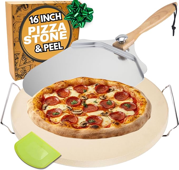 Round Pizza Stone for Oven 16 inch - Large Pizza Stone for Grill with Handles, Metal Pizza Peel & Dough Tool - Baking Stone for Bread - Oven Stones - Pizza Making Set