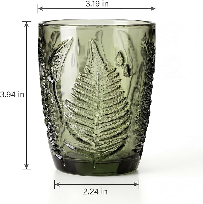 Vintage Green Drinking Glass, 10 oz Hand-Pressed Deep Textured Glass Cup, Fern Embossed Retro Glassware, Decorative Tumbler for Water, Cocktails & Juice, Boho Colored Kitchen Drinkware, Unique Gift