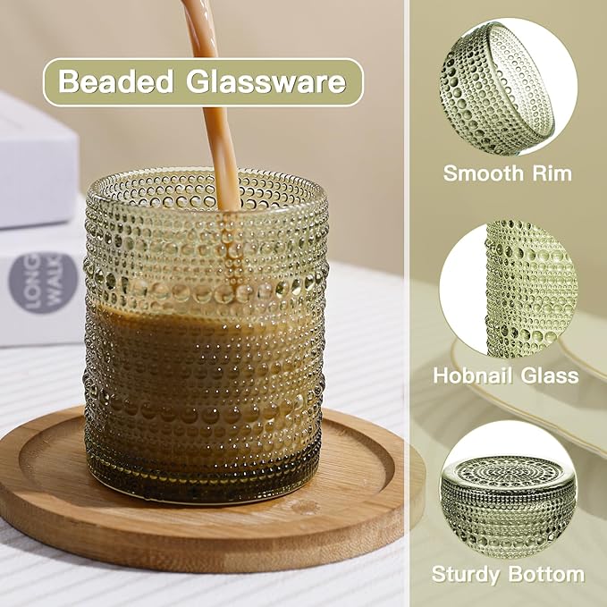 JOVGANK Green Vintage Hobnail Drinking Glasses Set of 6, Embossed Water Tumbler 12oz, Kitchen & Bar Beaded Glass Cups, Beverage Glass Cups for Water, Beer, Juice, Housewarming and Mother's Day Gift