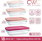 COOK WITH COLOR 8-Piece Deep Glass Baking Dish Set with Plastic Lids – Casserole and Food Storage Containers for Lasagna, Leftovers – Freezer-to-Oven, Microwave & Dishwasher Safe, Rose