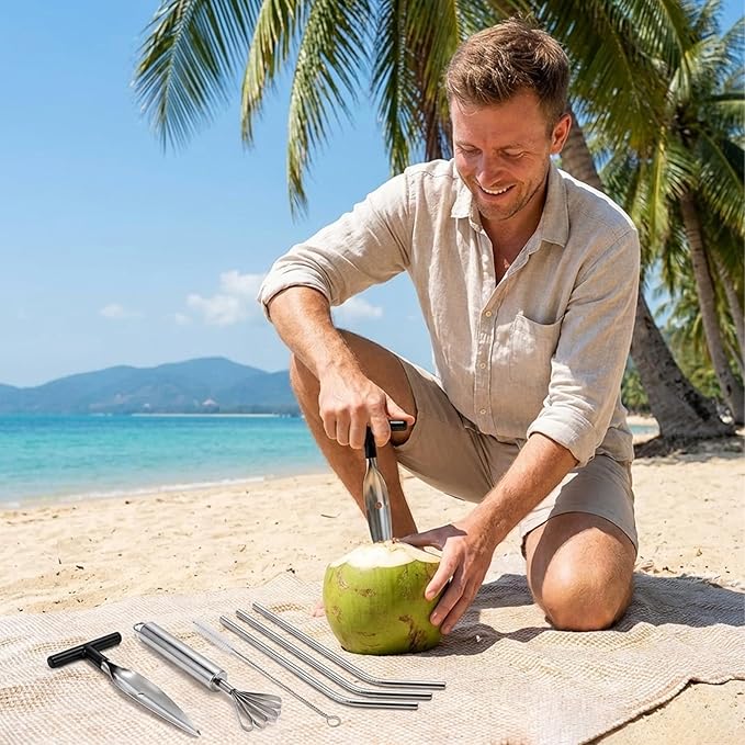 Coconut Opener Tool, 8-Piece Coconut Cutter Set with Stainless Steel Openers and Grater for Easy Coconut Preparation, Includes 4 Straws and Cleaning Brush for Complete Coconut Experience