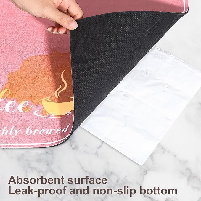 CooRug Absorbent Coffee Mat, Fashion Dish Drying Mat for Kitchen Counter Coffee Bar Accessories Espresso Machine Dish Rack 16" x 24" Pink