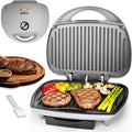 SugarWhisk Family-sized Contact Grill, 6-Serving Electric Indoor Grill with Adjustable Temp Control, Ceramic Coating, 1500W, Silver