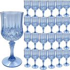 Plastic Wine Glasses, Plastic Goblets Vintage Style Cordial Unbreakable Drinking Glasses， Reusable Drinkware for Wedding Reception, Grand Event Party Supplies(24, Blue)