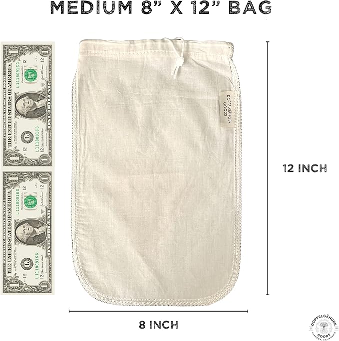 (2-Pack, Medium 8in x 12in) Organic Cotton Cold Brew Coffee Bag - Designed in California - Reusable Coffee Filter with EasyOpen Drawstring Cold Brew Maker for Pitchers, Mason Jars, & Toddy Systems