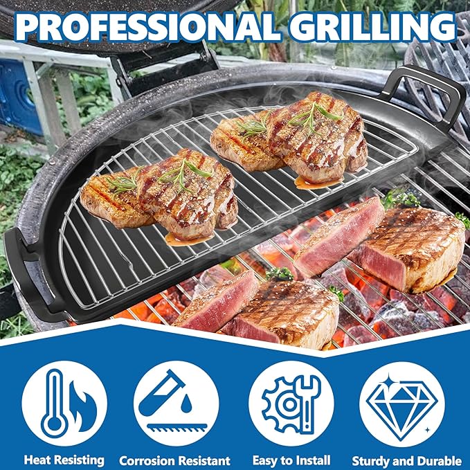 SafBbcue Cast Iron Half Moon Griddle Pan for Weber 22" Kettle Charcoal Grill Parts, Half Moon Cooking Grate for Slow n Sear, VEVOR, Kamado, Big Green Egg 22" Charcoal Kettle Grill Accessories