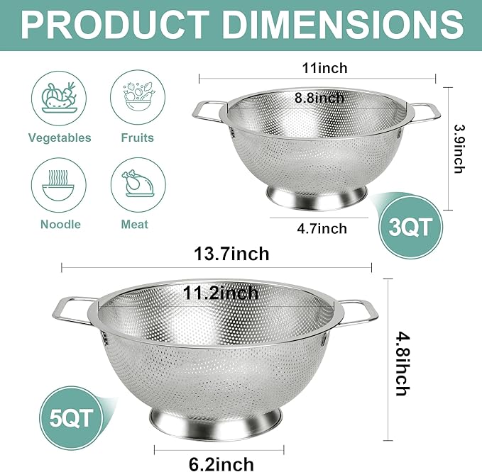 Kaishun Colander Stainless Steel 5-Quart, Kitchen Strainer for Pasta, Fruits Vegetables, Dishwasher Safe
