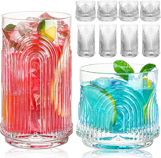 Vintage Drinking Glasses, Art Deco Glassware, Set of 8 Hand-Made Glass Cups-17oz Highball Glasses & 10oz Cocktail Glasses, Ribbed Glassware, Bar Tumbler Set, Kitchen Glass ware