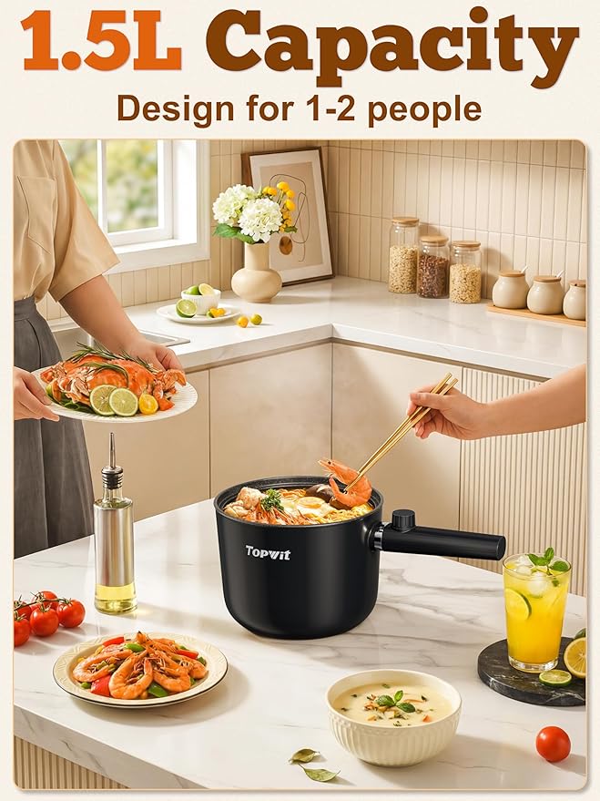 Topwit Hot Pot Electric, 1.5L Ramen Cooker, Portable Non-Stick Frying Pan, Electric Pot for Pasta, Steak, BPA Free, Electric Cooker with Dual Power Control, Over-Heating & Boil Dry Protection, Black