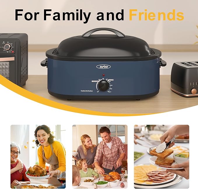 Sunvivi Roaster Oven, Electric Roaster Oven with Self-Basting Lid, 24lb 20-Quart Turkey Roasters with Unique Defrost/Warm Function, Large Roaster with Removable Pan & Rack, Stainless Steel, Blue