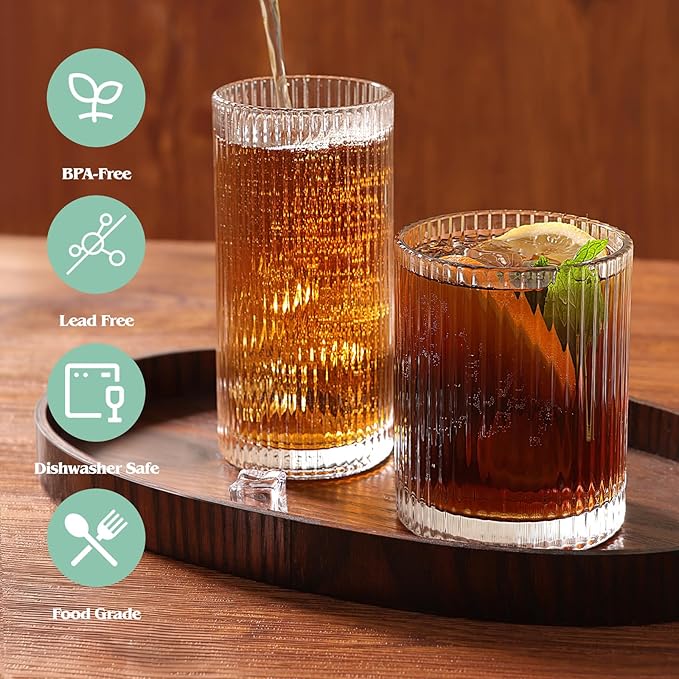 Moretoes Ribbed Drinking Glasses Set of 12, Glassware Clear Water Glass Cups, 6 Highball Glasses 12 Oz, 6 Rocks Glass 13 Oz, RibbedKitchen Bar Tumbler for Wine, Juice, Ice Coffee, Whiskey