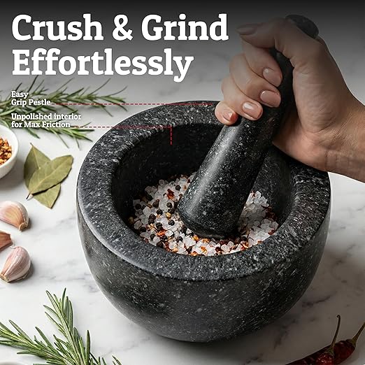 Priority Chef Heavy Duty Mortar and Pestle Set, 1.5 Cup, 100% Granite, Non Slip Base, Make Fresh Guacamole, Salsa, Pesto, Stone Grinder Bowl, Herb Crusher, Spice Grinder, 5.5 Inch - Black