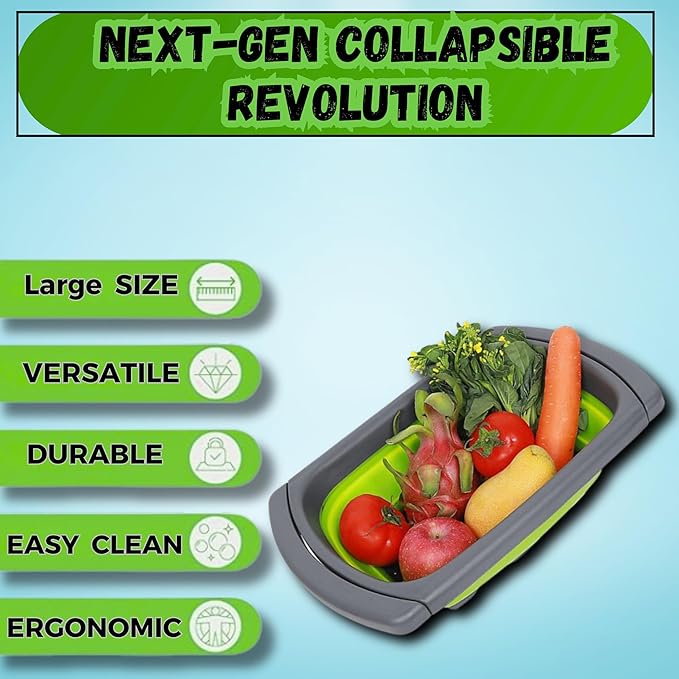 Over the Sink Collapsible Colander Strainer (5 Quart) with Extendable Handles, BPA Free Silicone Kitchen Strainer for Vegetables, Fruit & Pasta, Foldable Sink Colander Basket (1pc green)