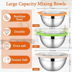 LIANYU Mixing Bowls with Lid Set of 3, Large & Small Stainless Steel Metal Salad Mixing Bowls, 1.5 & 3 & 4.6QT Sizes For Kitchen Cooking, Baking, Storage, Food Prepping, Serving, Three-Color