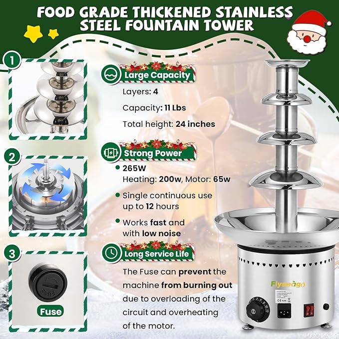 4-Tier Commercial Chocolate Fountain 11Lbs Large Chocolate Fondue Tower Stainless Steel Chocolate Melting Heating Machine for Nacho Cheese Liqueurs Party Wedding, Catering, Knob Control