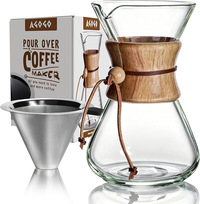 AGOGO Pour Over Coffee Maker Glass - Barista Kit with 304 Stainless Filter for Home, Office, Camping, Cafes - Easy Clean Coffee Dripper Set (Soft Towel&Brush) (28oz Slim Shape w/SS Filter)