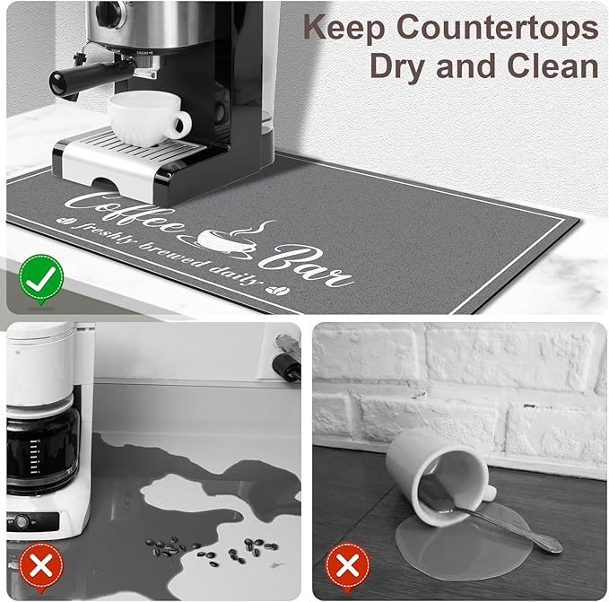CooRug Absorbent Coffee Mat, Fashion Dish Drying Mat for Kitchen Counter Coffee Bar Accessories Espresso Machine Dish Rack 12" x 20" Dark Grey