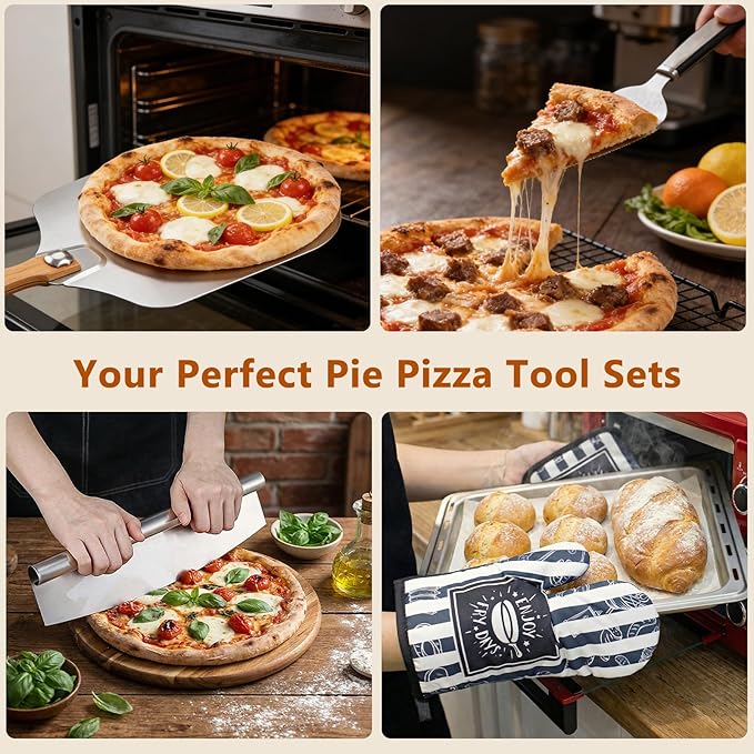 Pizza Peel Pizza Pan Set, 7Pcs Pizza Oven Accessories, 12 Inch Metal Paddle (12"x 14") with Foldable Wooden Handle, 2 Pizza Pans, Rocker Cutter, Pizza Server, Oven Mitts, Oil Brush