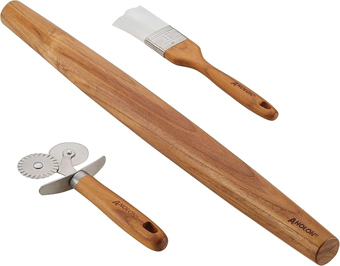 Anolon Tools and Gadgets 3-Piece Prep Set Pastry Wheel Cutter, Pastry Brush, 19" French Rolling Pin