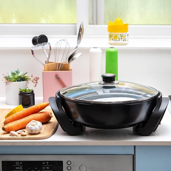 Moss & Stone Round Electric Skillet with Lid – 12x12 Inch Aluminum Nonstick Electric Frying Pan 5Qt, Adjustable Temperature Control, Vented Glass Lid, Dishwasher Safe, Heat-Resistant Handles