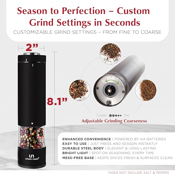 Electric Salt and Pepper Grinder Set - Battery Operated Stainless Steel Mills (1 Black Pepper Grinder + 1 White Salt Grinder) Automatic One Handed Operation Electronic Adjustable Ceramic Grinders