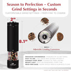 Electric Salt and Pepper Grinder Set - Battery Operated Stainless Steel Mills (1 Black Pepper Grinder + 1 White Salt Grinder) Automatic One Handed Operation Electronic Adjustable Ceramic Grinders