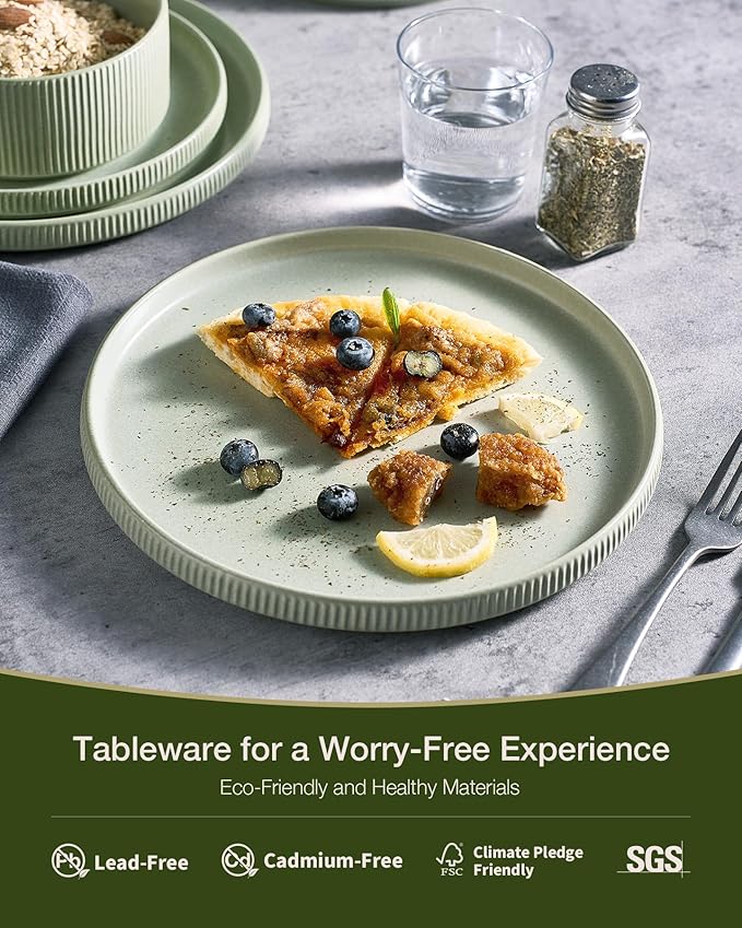 Famiware Star 12-Piece Stoneware Dinnerware Sets, Service for 4 - Handcrafted Reactive Glaze Plates and Bowls, Modern Rustic Dishes, Chip/Scratch Resistant, Microwave/Dishwasher Safe, Matte Sage Green