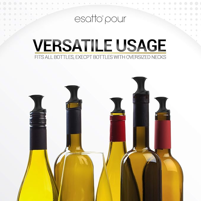 Esatto Pour and Seal, Plastic Bottle Pourers With Built In Lid – Easy and Precise Pouring, Lid for Storing and Healthy Practices, Professional Bar Tool, Pack of 12 Pieces Wine Stopper Pourer (Black)