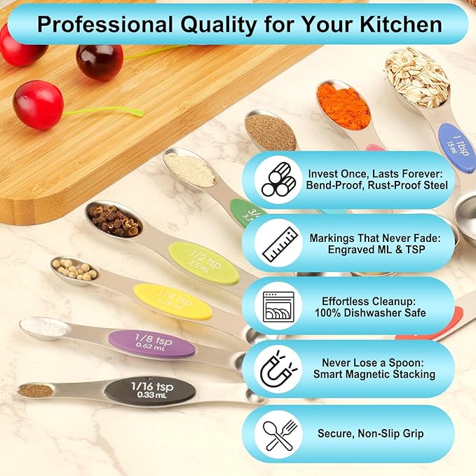 Magnetic Measuring Spoons Set of 9 with Leveler, Color-Coded Dual Sided Stainless Steel Measuring Spoon Set, Stackable Teaspoon and Tablespoon Set for Baking, Cooking, Kitchen Gadgets Dishwasher Safe