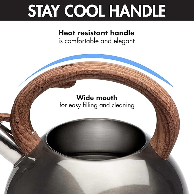 Primula Avalon Whistling Stovetop Tea Kettle, Food Grade Stainless Steel Wide Mouth, Fast to Boil, Cool Touch Handle, 2.5-Quart, Gunmetal Grey and Wood-Look