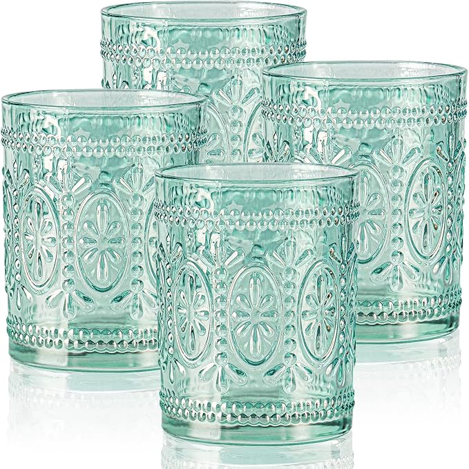 abrwyy Glassware set of 4, Vintage Drinking Glasses, 10oz Heavy Duty Glass Cups, Colored Glassware Set, Embossed Glasses Set for Party Wedding Home Office Glassesware Gift