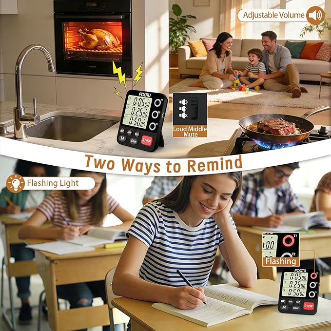 FCXJTU Digital Dual Triple Kitchen Timer, 3-Channel Magnetic Countdown Timer for Cooking, Large Display Stopwatch Multi Food Classroom Timer Loud Alarm for Seniors Teachers Battery Included (Black)