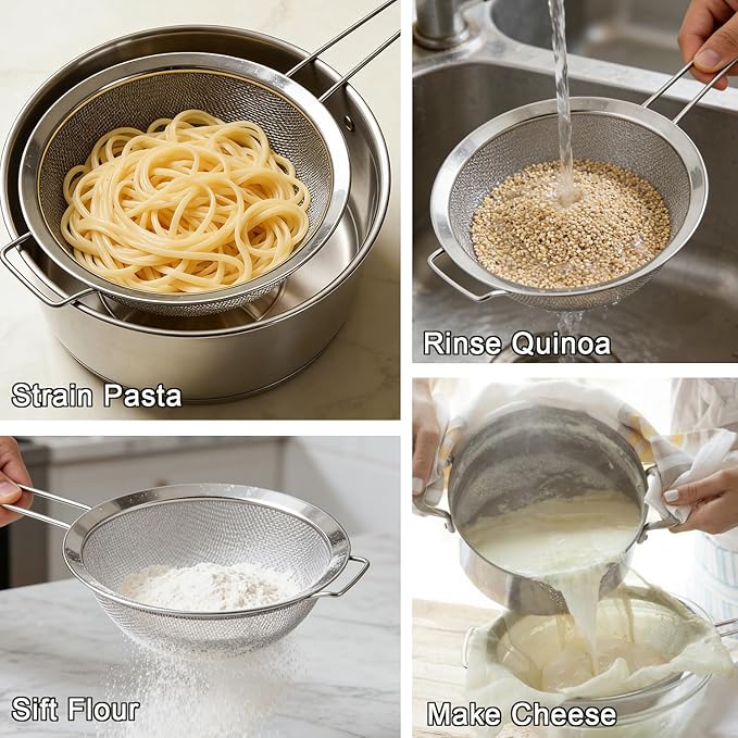7.87" Fine Mesh Strainer Set with Sturdy Handle, Stainless Steel Sieve Flour Sifter, Kitchen Metal Colander for Rice, Quinoa, Pasta, Fruit, 2 Pack