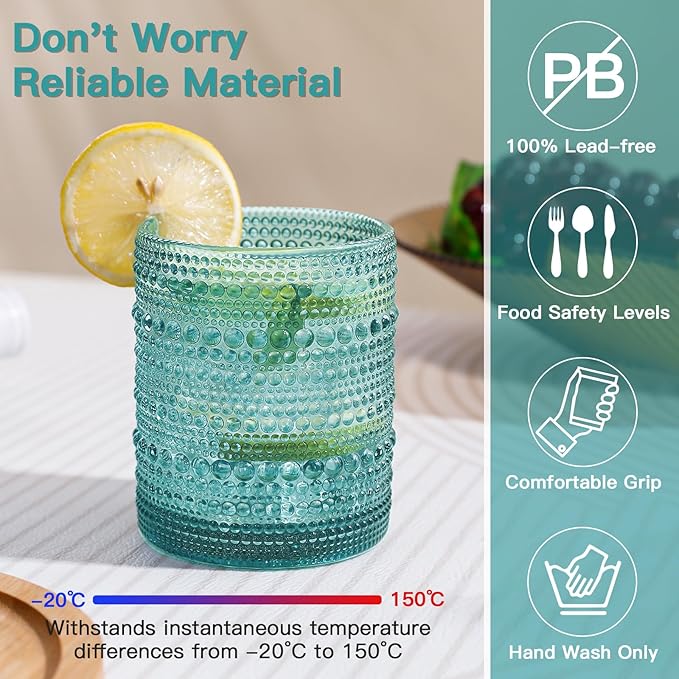 JOVGANK Mint Green Vintage Hobnail Drinking Glasses Set of 6, Embossed Water Tumbler 12oz, Kitchen & Bar Beaded Glass Cups, Beverage Glass Cups for Water, Beer, Juice, Housewarming, Mother's Day Gift