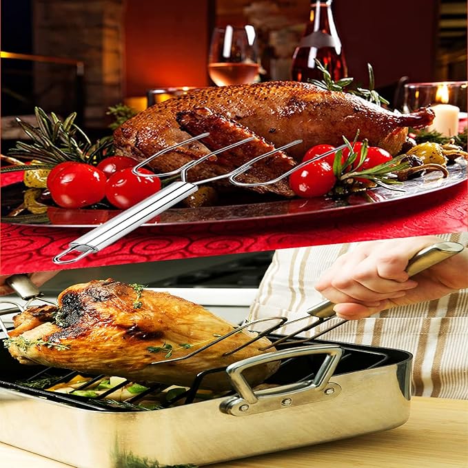Thanksgiving Turkey & Roast Lifters, Stainless Steel Roaster Forks, Transfer Chicken or Ham Poultry Lifters Easily, Four Needle Meat Fork, Set of 2