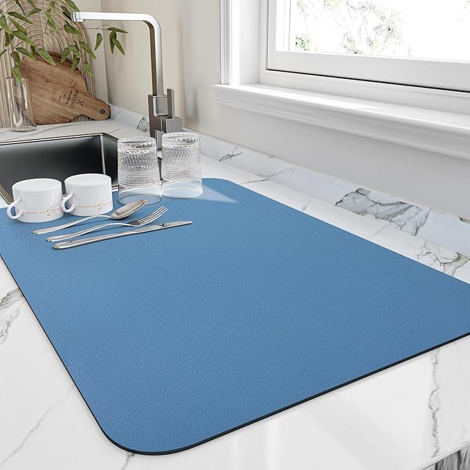 HotLive Dish Drying Mat for Kitchen Counter, Heat Resistant Drainer Mats with Non-slip Rubber Backed, Hide Stain Kitchen Super Absorbent Draining Mat, Easy to Clean Dish Rack Pad, Blue 18"x28"